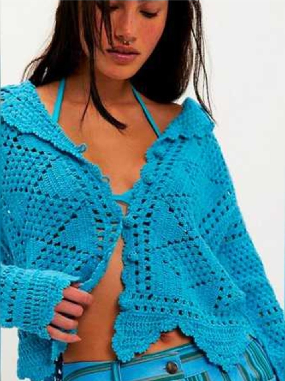 NWT We The Free Friend Of A Friend Crochet Sweater Blue Scalloped Hemline- L